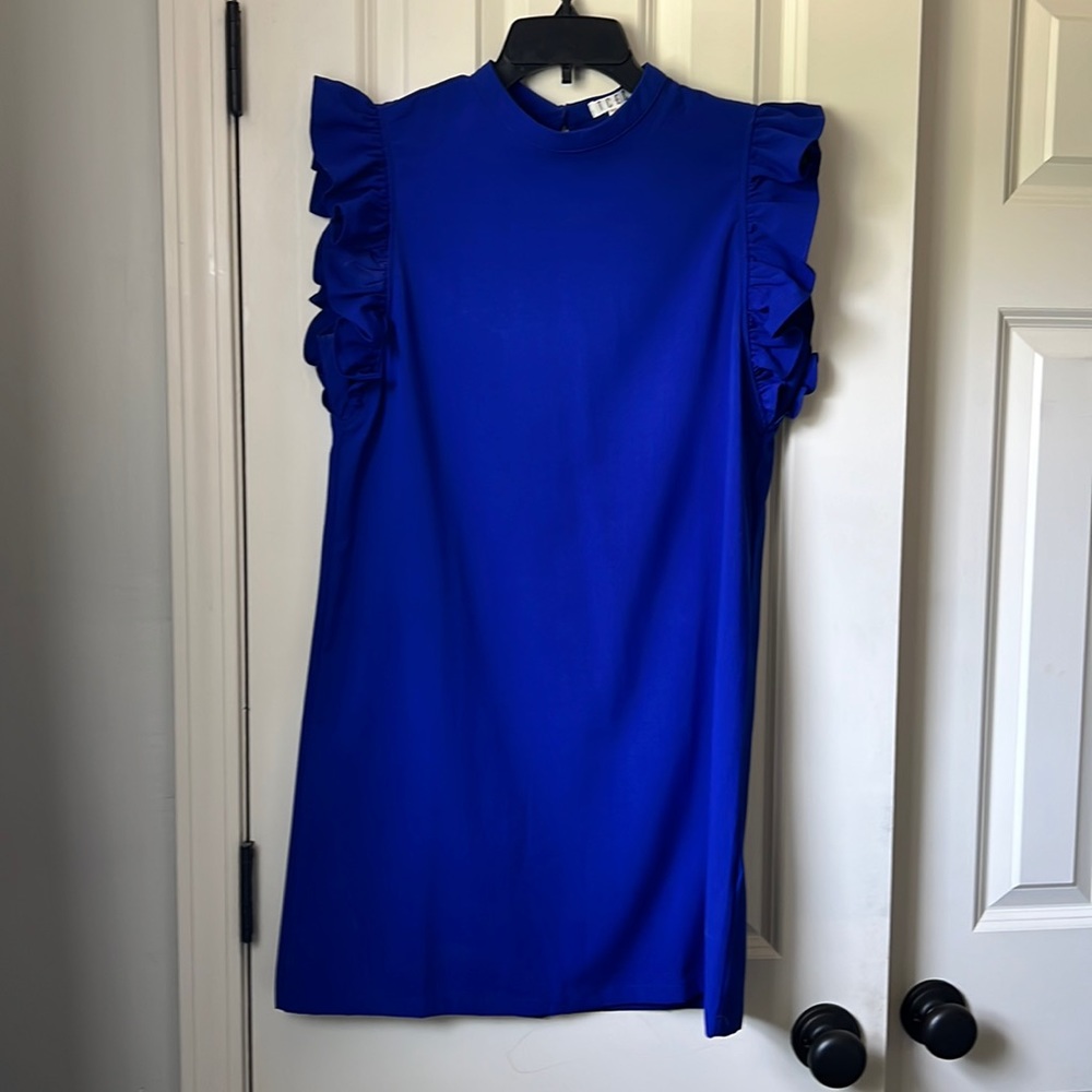 TCEC cobalt mini dress with ruffle sleeves